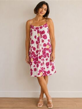 Moulinette Soeurs Pink Silk Shift Dress Floral Pleated‎ Neckline Knee Length 10